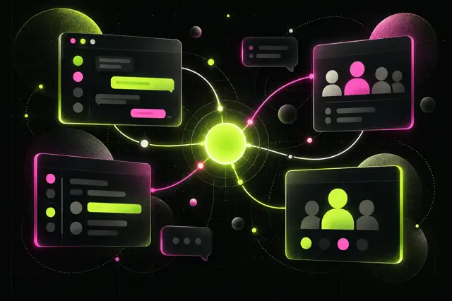 Abstract community panels connected by a bright signal